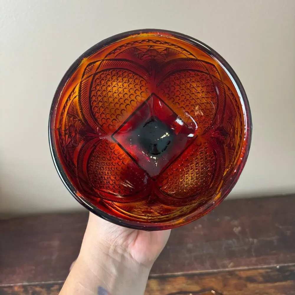 Vintage Depression Pressed Red Cadmium Glass Covered Butter Dish GLOWS